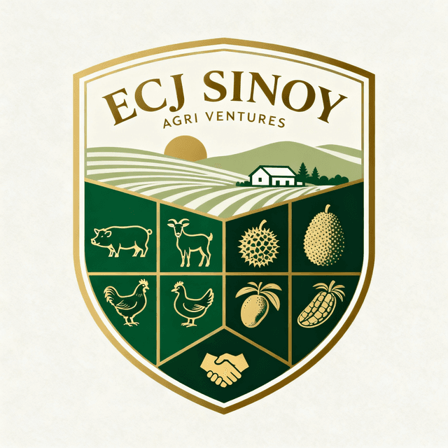ECJ Sinoy Agri Ventures emblem — shield crest with livestock, fruits, and bayanihan handshake